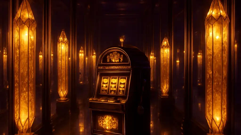 Hall of mirrors with glowing crystal pillars and a golden slot machine in the FoxyFlush vault